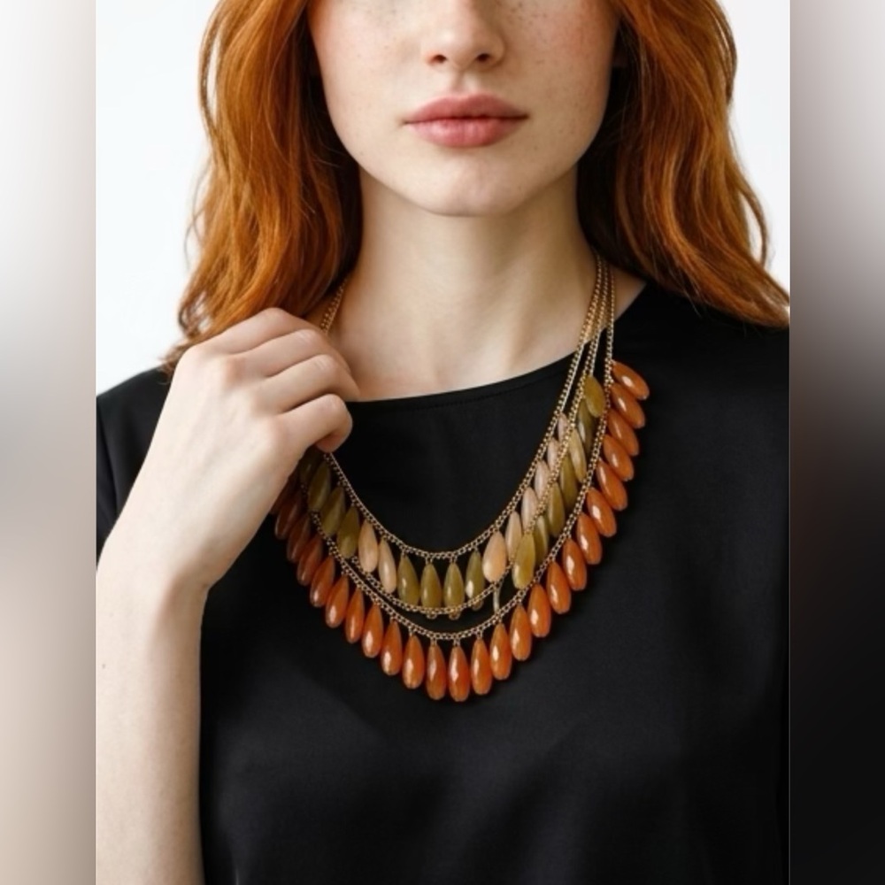 “VTG” Costume Necklace Gold Tone Chain w/4 Strands Crystal Style Cut Beads